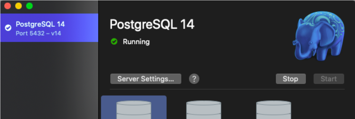 Screenshot of the Postgres app. It says the Database is running