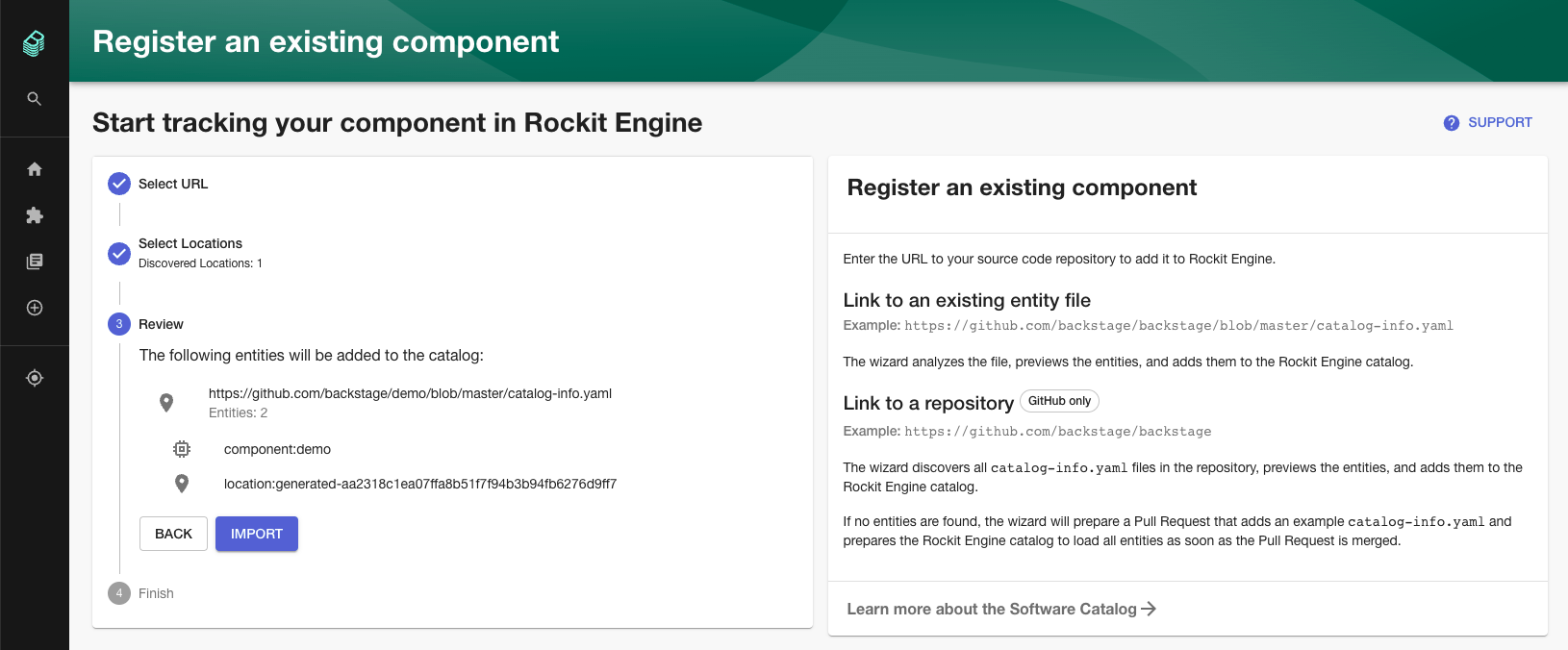 Screenshot of the Backstage Entity registration screen, asking for a URL to a yaml file in a repo
