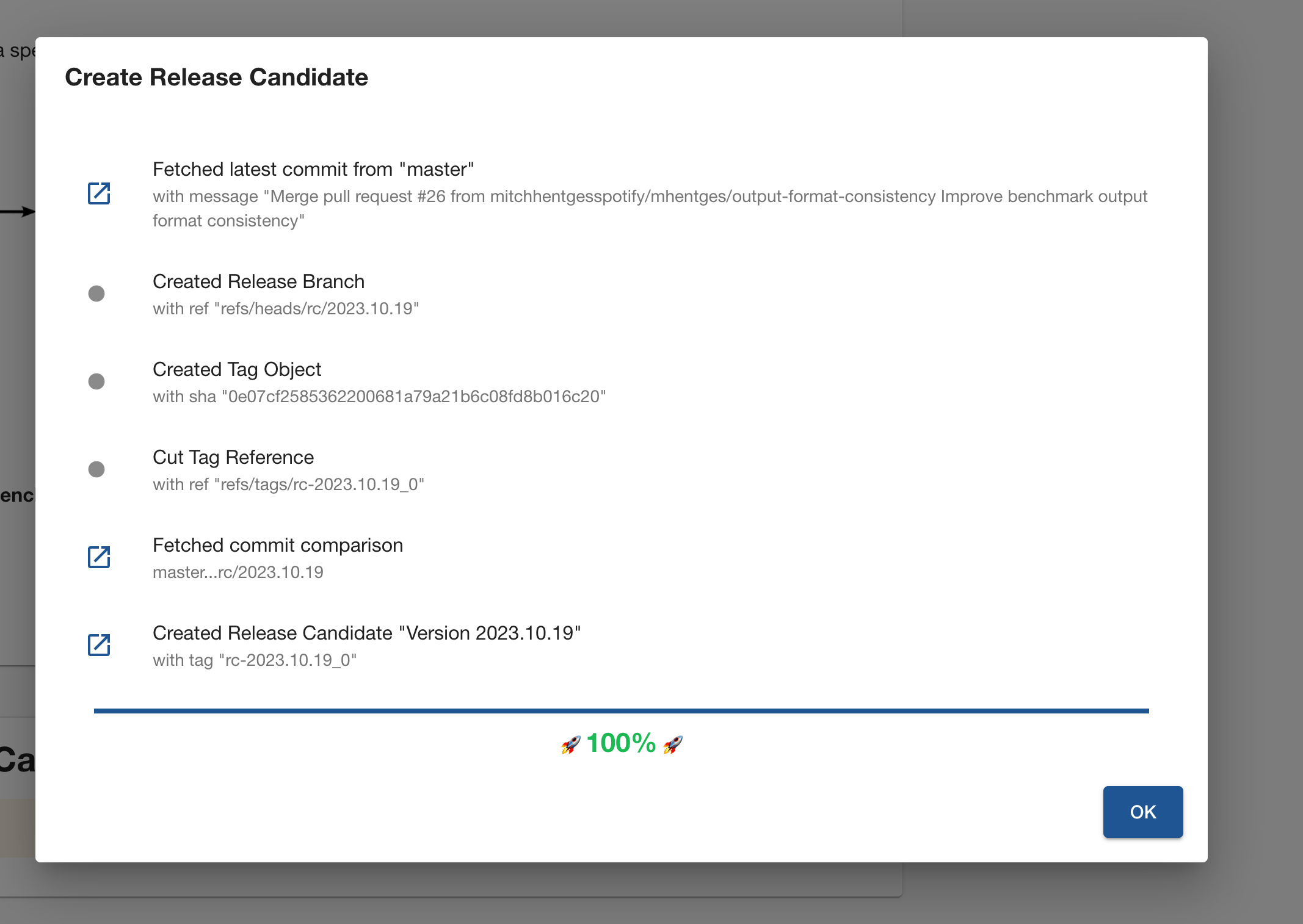 Screenshot of Backstage, showing the process of creating a release candidate using the Git Release Manager plugin