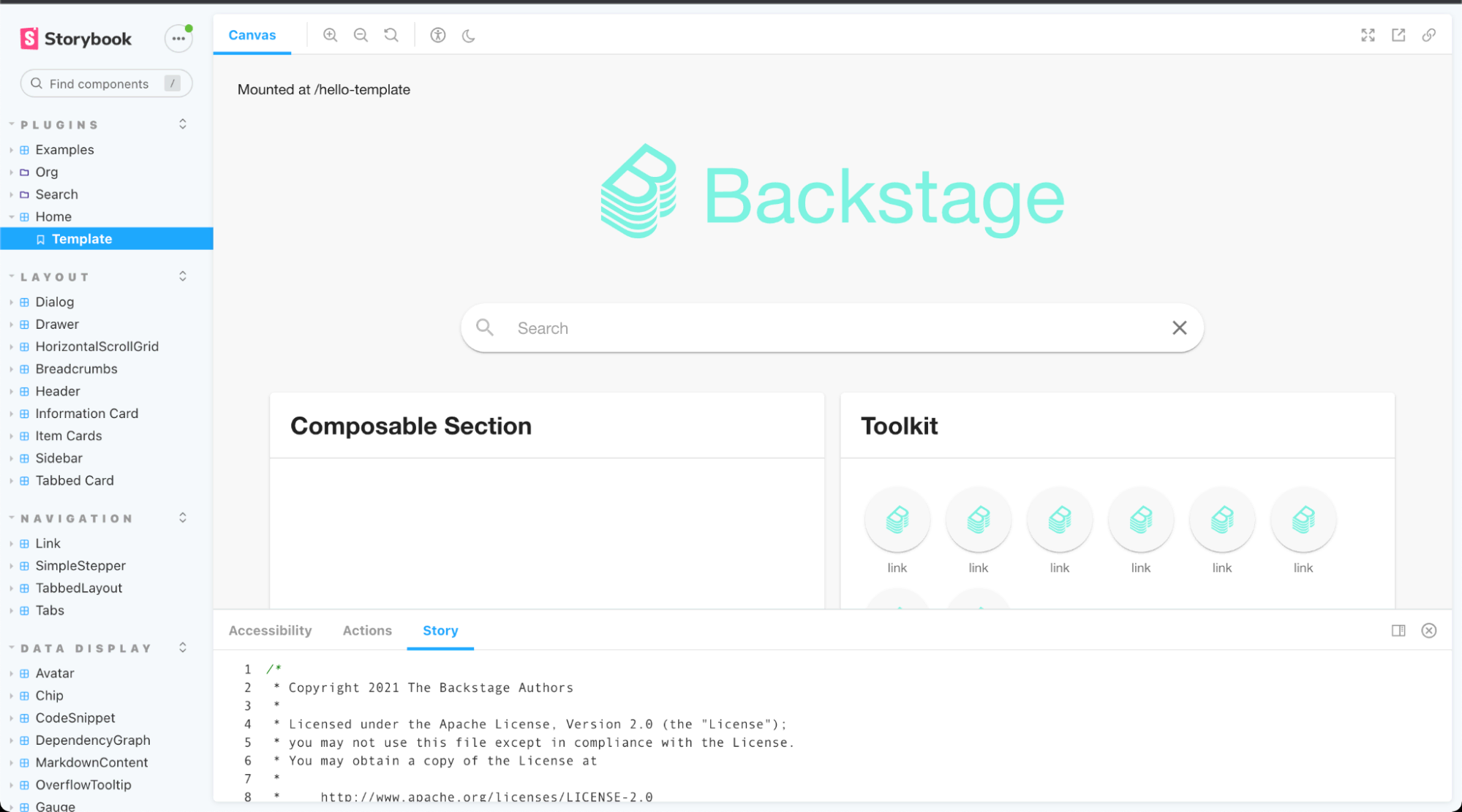 Example of the default homepage template in Backstage Storybook Example of default homepage template