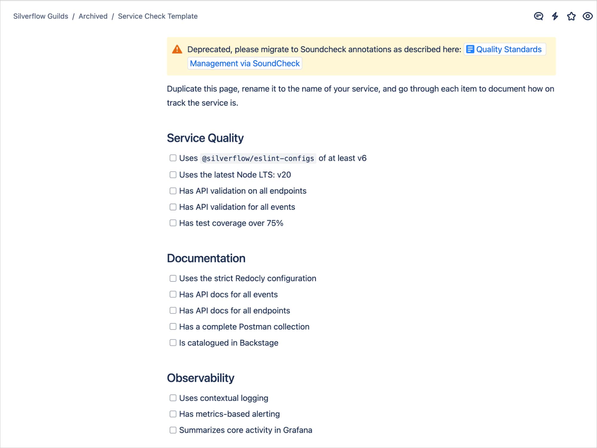 A Service Check Template in Confluence displaying a static list of checkboxes