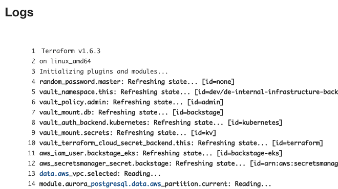 View of the logs for a Terraform run.