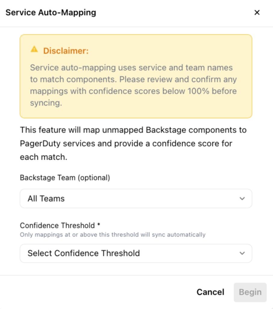 A modal for auto-mapping unmapped Backstage components to PagerDuty services, with team and confidence threshold controls.