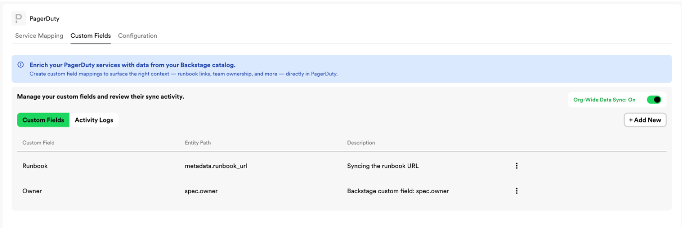 A settings page for managing custom field mappings between Backstage catalog entities and PagerDuty services, showing configured mappings for runbook URL and owner fields.