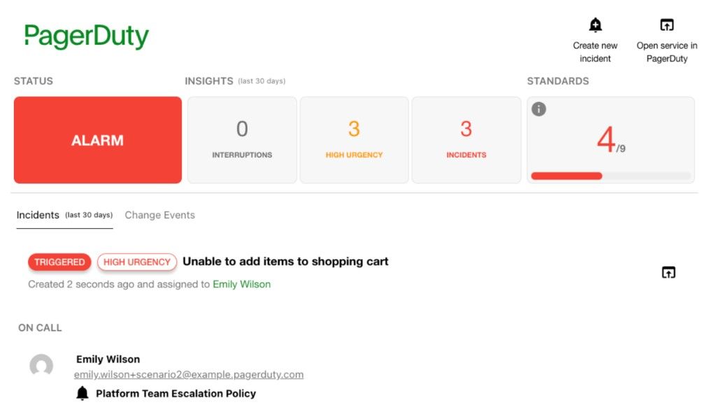 A card that represents the PagerDuty plugin. The card has been broken into three sections: a row for actionable buttons, a row for incident-related tabs, and a row for information on the on-call assignee.