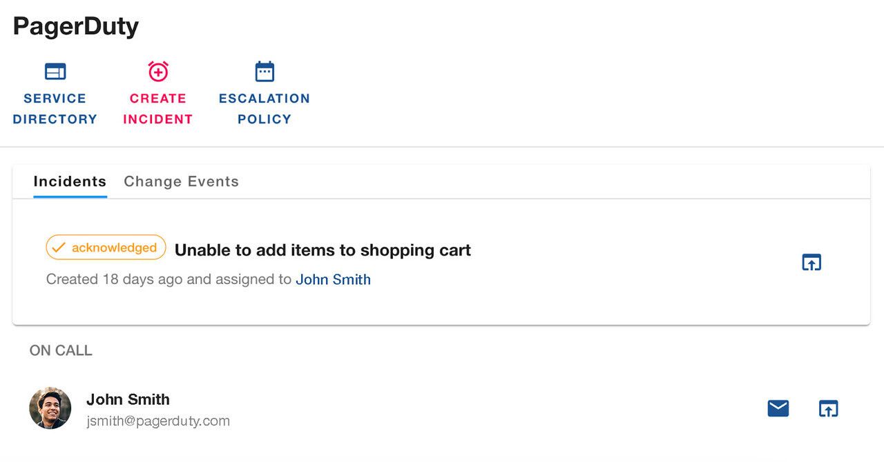 A card that represents the PagerDuty plugin. The card has been broken into three sections: a row for actionable buttons, a row for incident-related tabs, and a row for information on the on-call assignee.