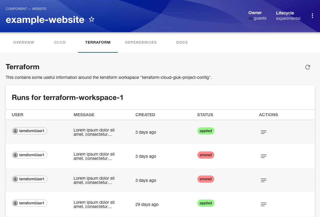 A component detail page with the Terraform tab selected, showing a list of terraform runs.