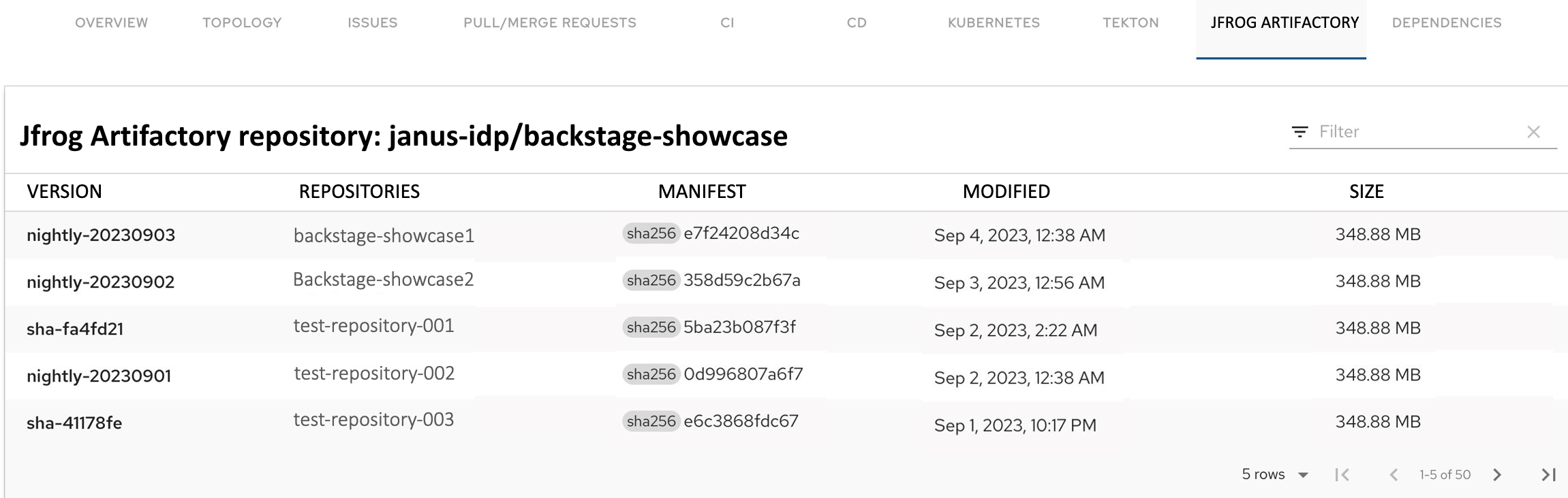 A list of all versions in a JFrog Artifactory repository named "janus-idp/backstage-showcase".