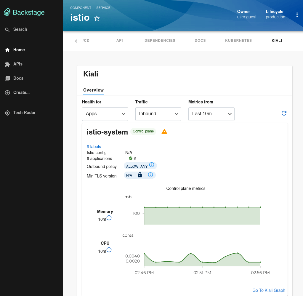 A tab labeled "KIALI" in an example Backstage component entity page. In that page, there is information about the service mesh of a system called "istio-system". There are graphs showing memory and CPU usage over the late 10 minutes. Selectors at the top of the section allow you to select 1. a new type of health check, labelled "Health for", 2. which direction to consider traffic, inbound or outbound, and 3. when to show metrics from, 10 minutes, 30 minutes, etc.