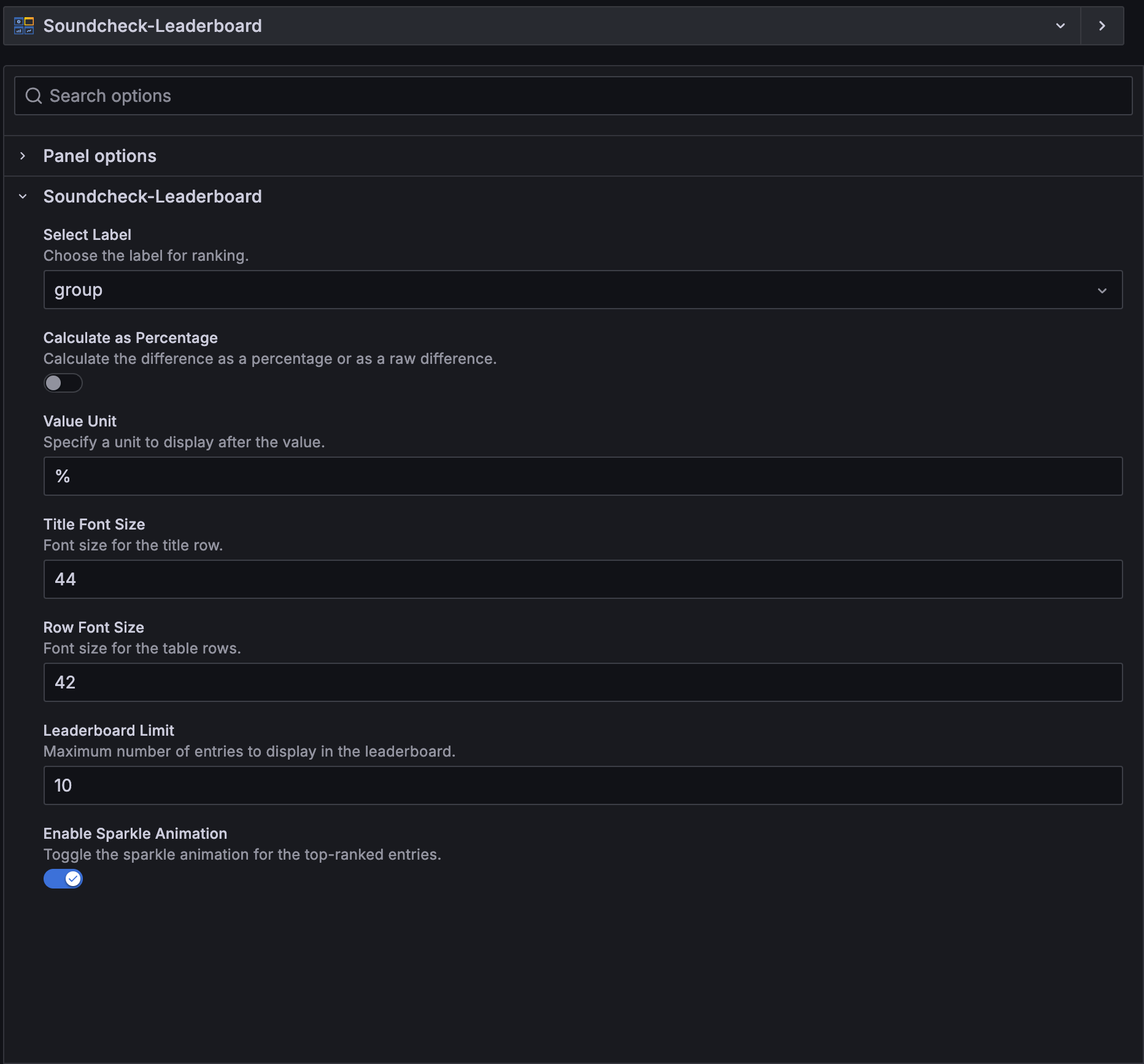 Options for the Souncheck-Leaderboard panel, including Label, Calculate as Percentage toggle, Value Unit, Title Font Size, Row Font Size, Leaderboard Limit, Enable Sparkle Animation