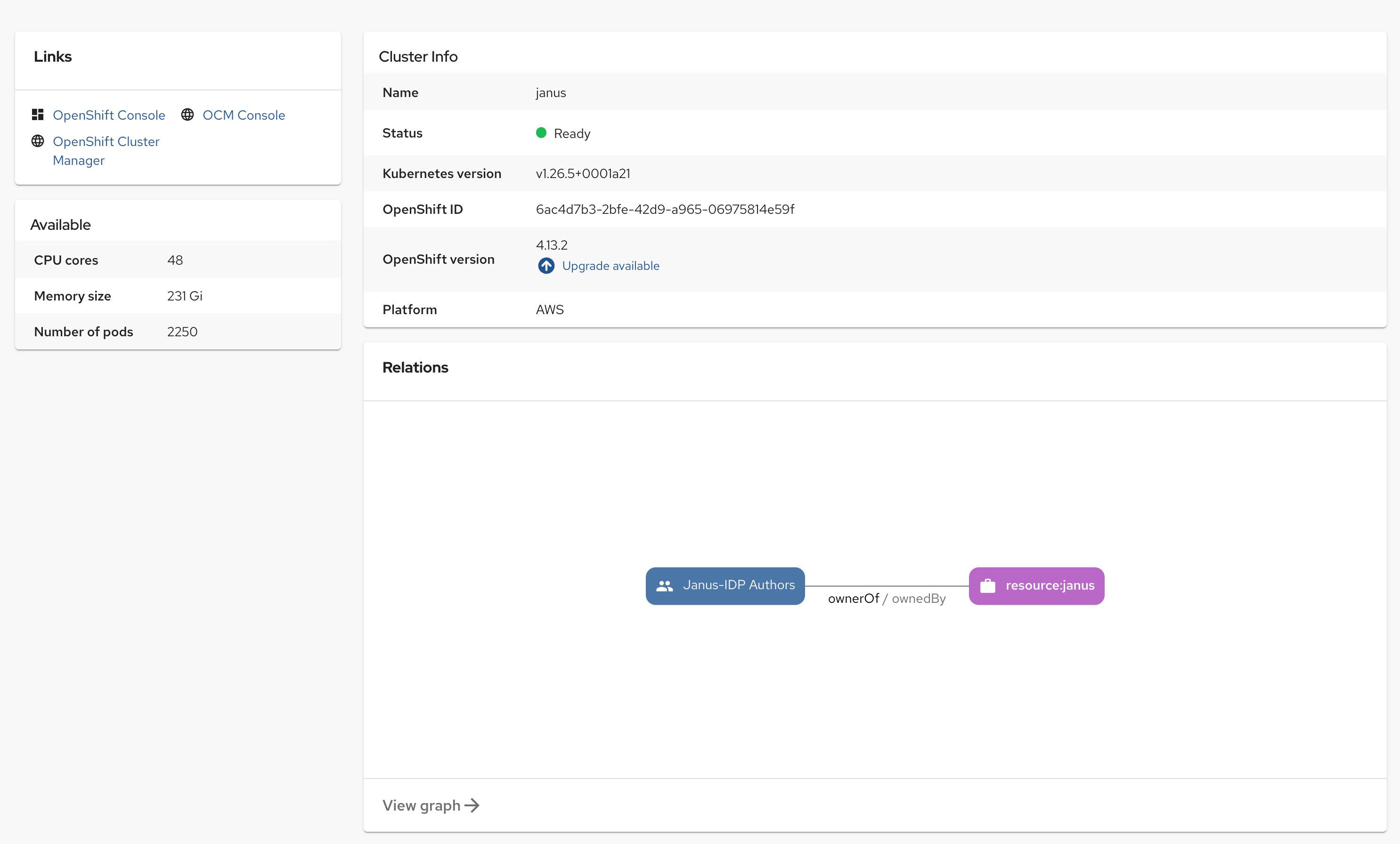 A screenshot of a component showing cluster information: status, name and version, as well as links to the console, available CPU cores and nodes and a relations graph.