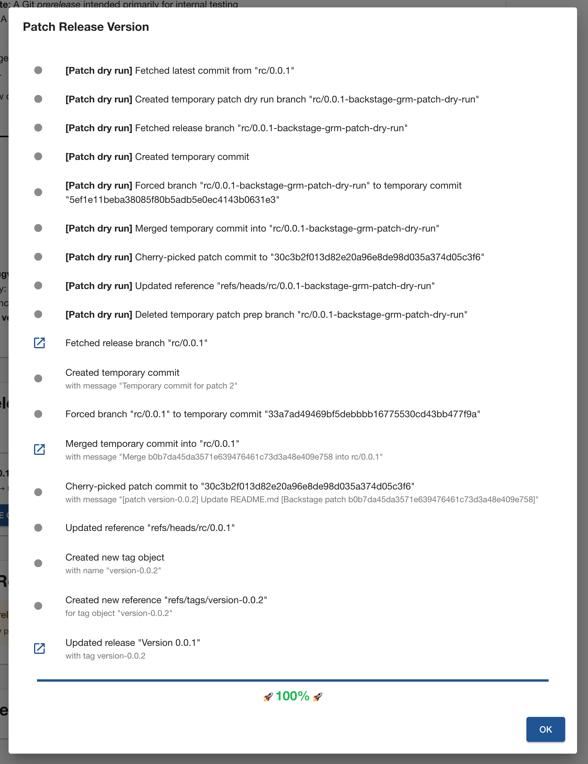 Screenshot of Backstage, showing the process of patching a release version using the Git Release Manager plugin