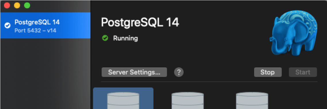 Screenshot of the Postgres app. It says the Database is running