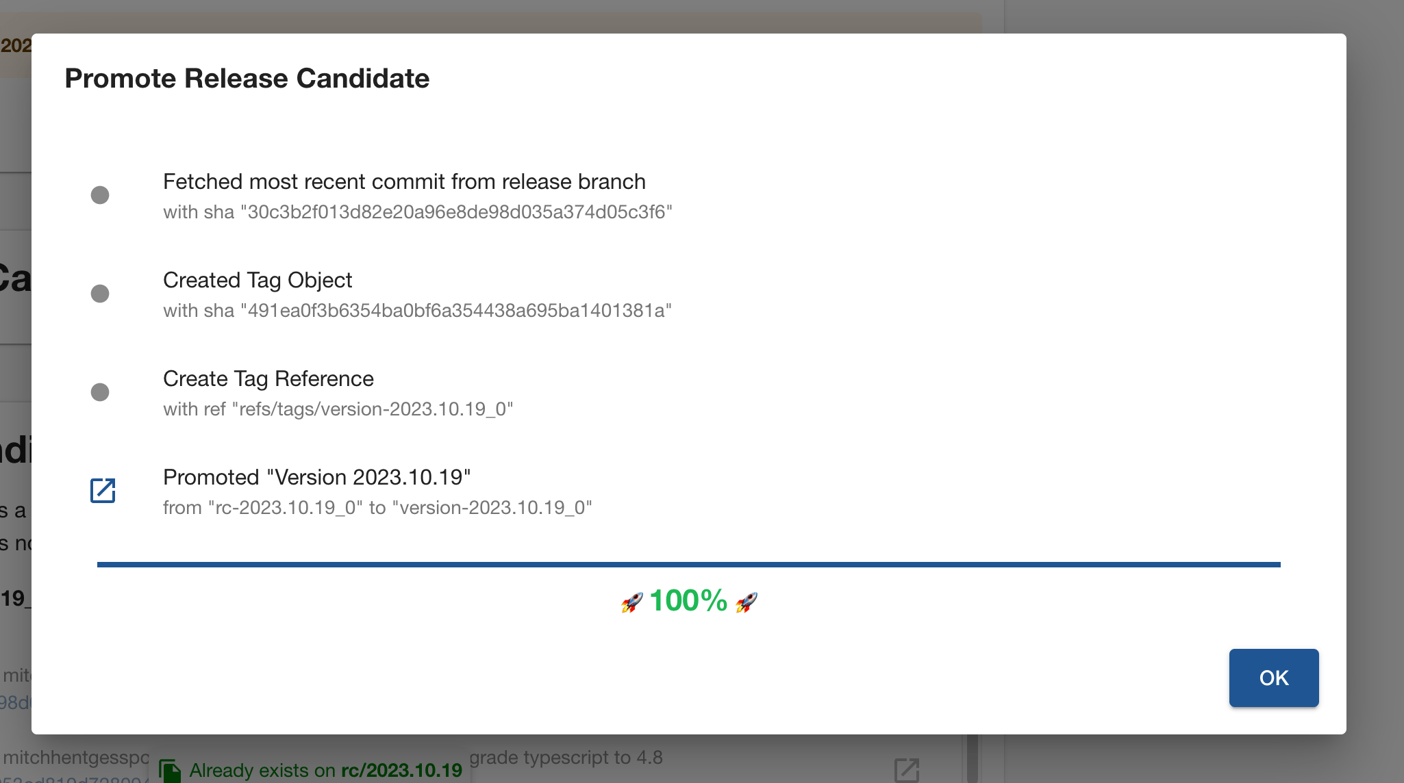 Screenshot of Backstage, showing the process of promoting a release candidate using the Git Release Manager plugin