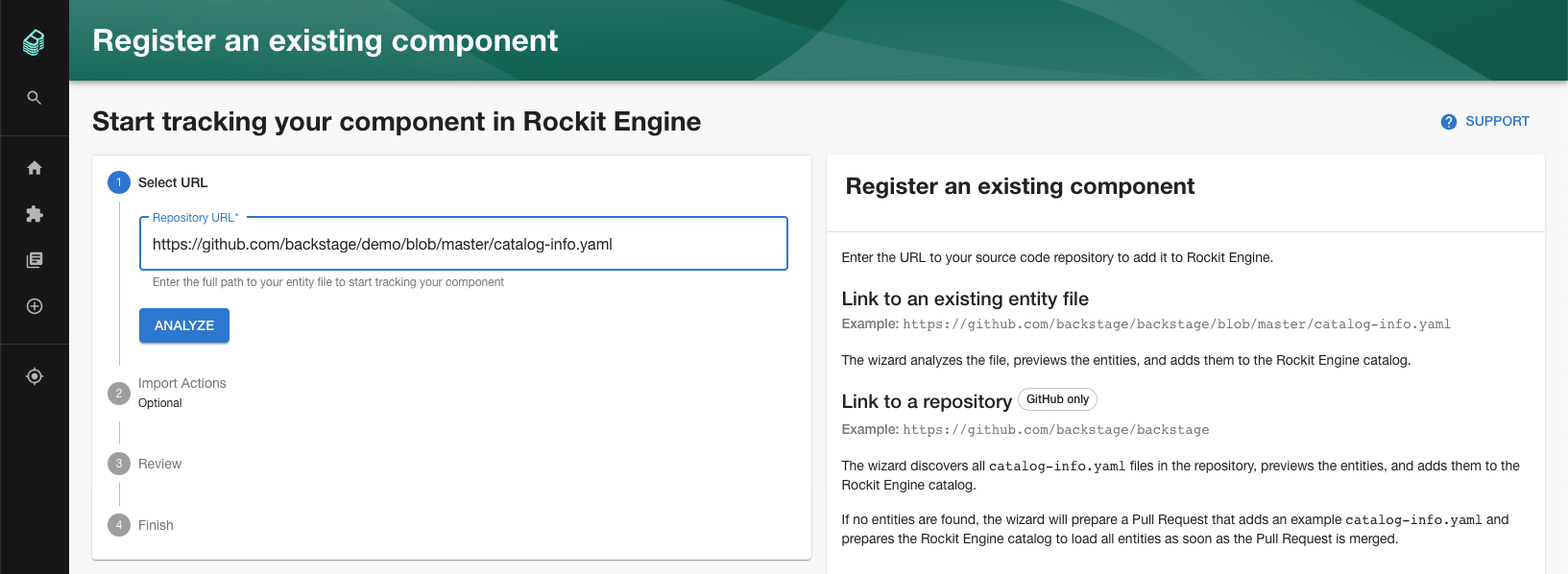 Screenshot of the Backstage Entity registration screen, asking for a URL to a yaml file in a repo