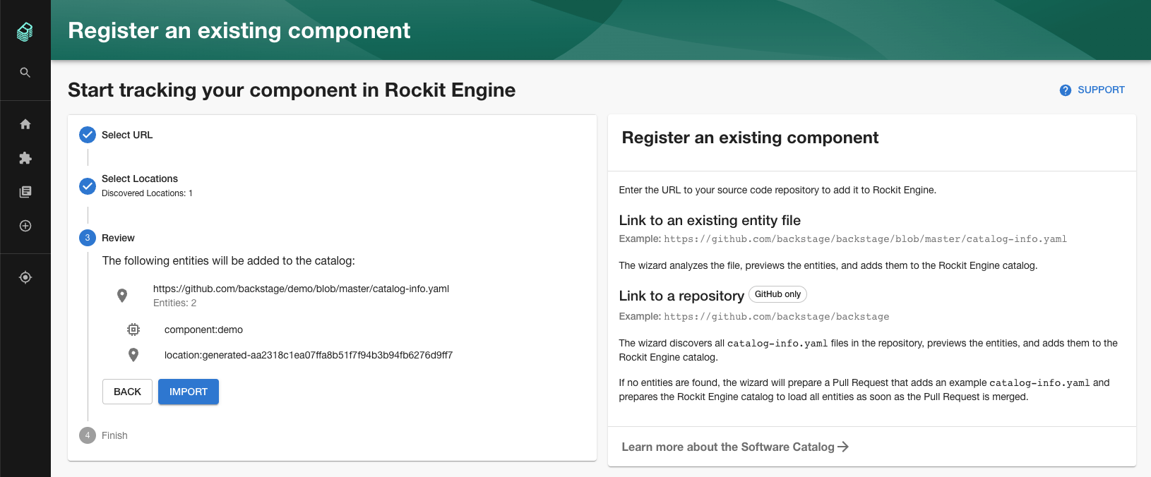 Screenshot of the Backstage Entity registration screen, asking for a URL to a yaml file in a repo