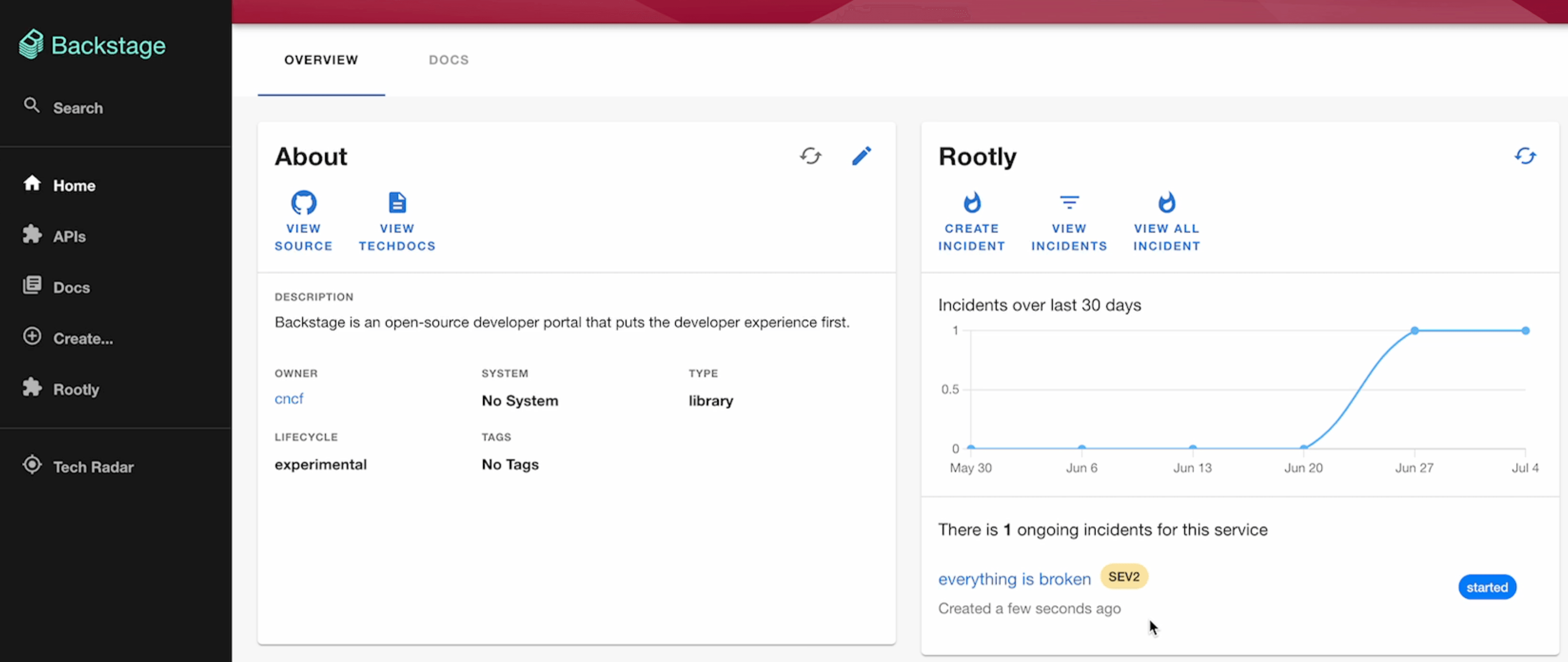 Rootly plugin screenshot showing incident metadata on the catalog page