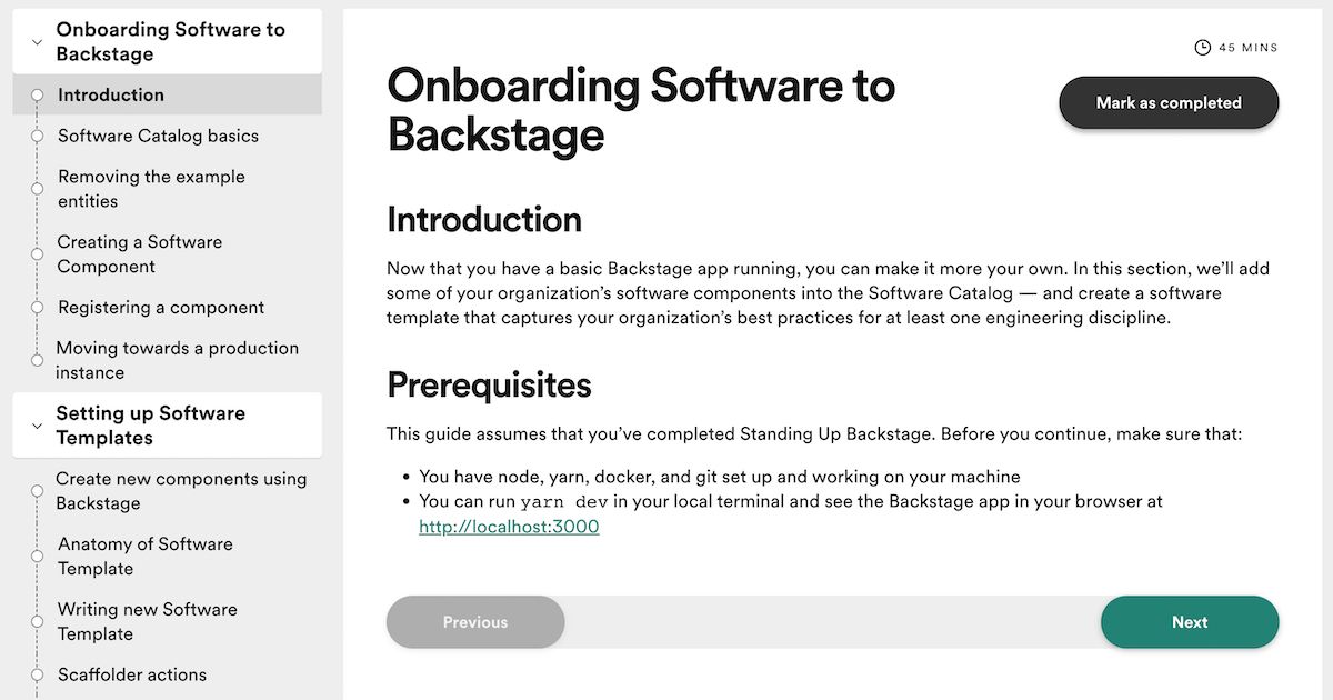 Onboarding Software to Backstage Screenshot