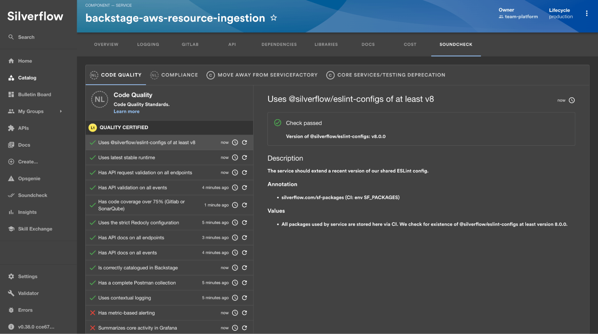 The Backstage entity page for Silverflow’s backstage-aws-resource-ingestion service. The Soundcheck tab shows the Code Quality track with many green checks and just a couple of red X’s.