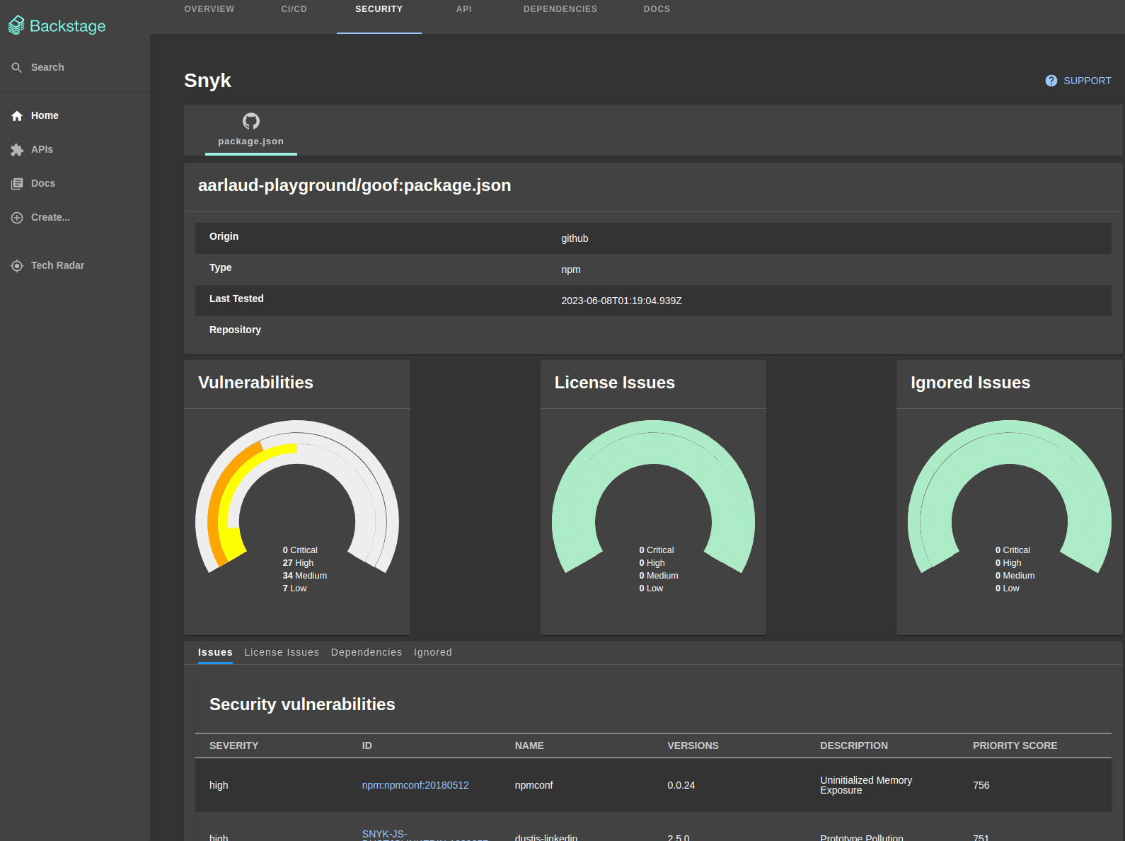 snyk plugin screenshot showing the security tab on component pages with a summary of detected vulnerabilities