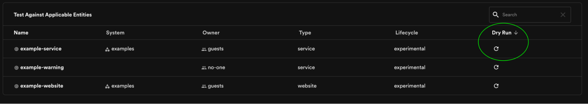 Screenshot showing a list of example entities with the new Dry Run button