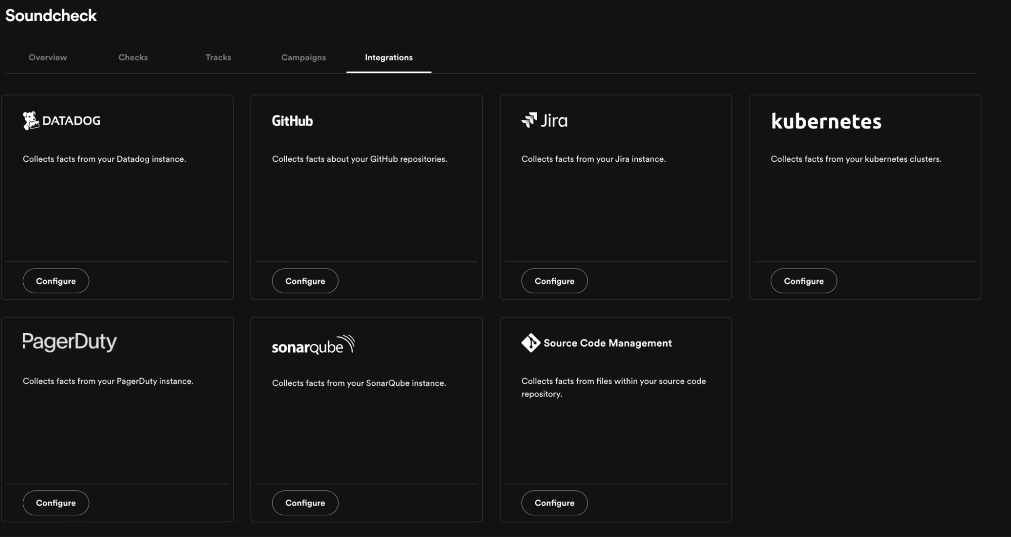 Screenshot of available fact-collector integrations with Datadog, GitHub, Jira, Kubernetes, PagerDuty, SonarQube and SCM