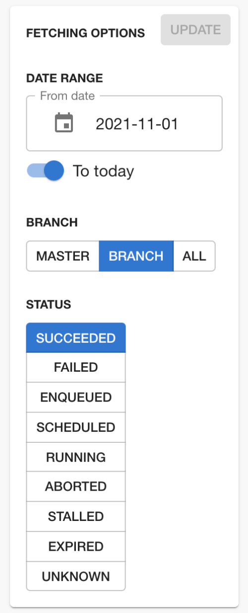 A screenshot showing the filtering capabilities of the plugin. Users can select a date range, choose which type of build (master build, branch build, or all builds) to include, and what build status to see statistics for.