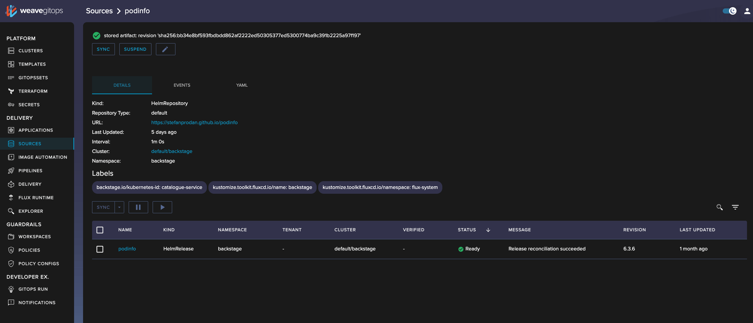 A Weaveworks dashboard for viewing flux sources.